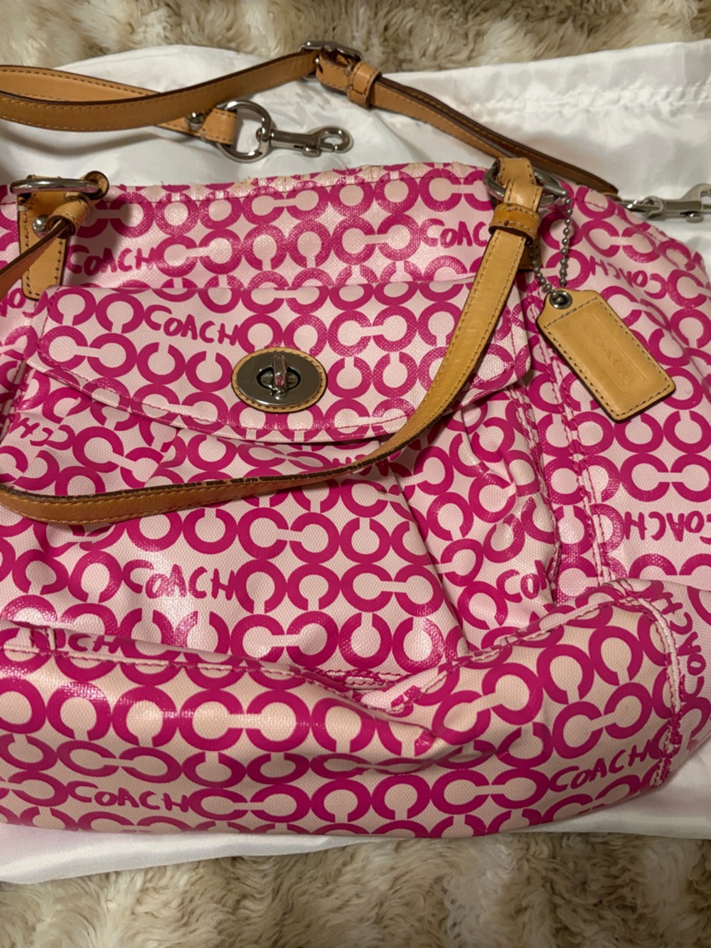Coach Pink Signature Shoulder Bag with Tan Leather Accents